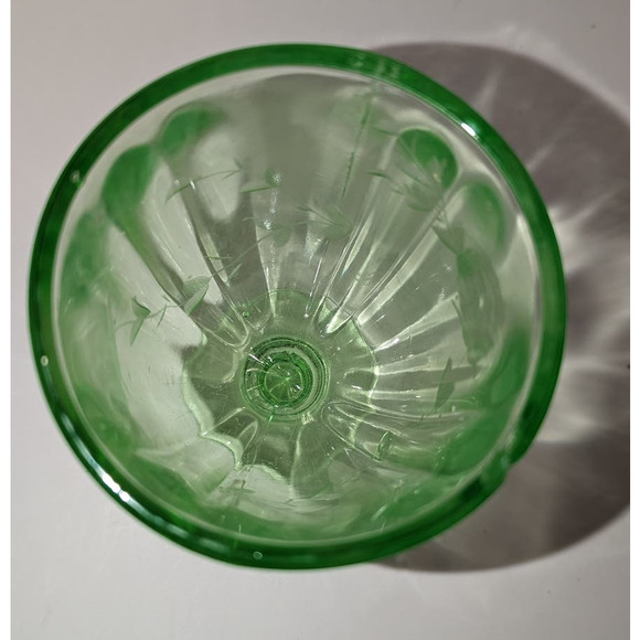 Vintage 7" Uranium Vaseline Glass Water Goblet Etched Flowers Pedestal Flaw - Picture 5 of 9